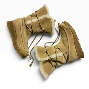 Report Tan Suede Faux Fur Lined Winter Boots Lace Up Wedge Platform Y2K Size 8